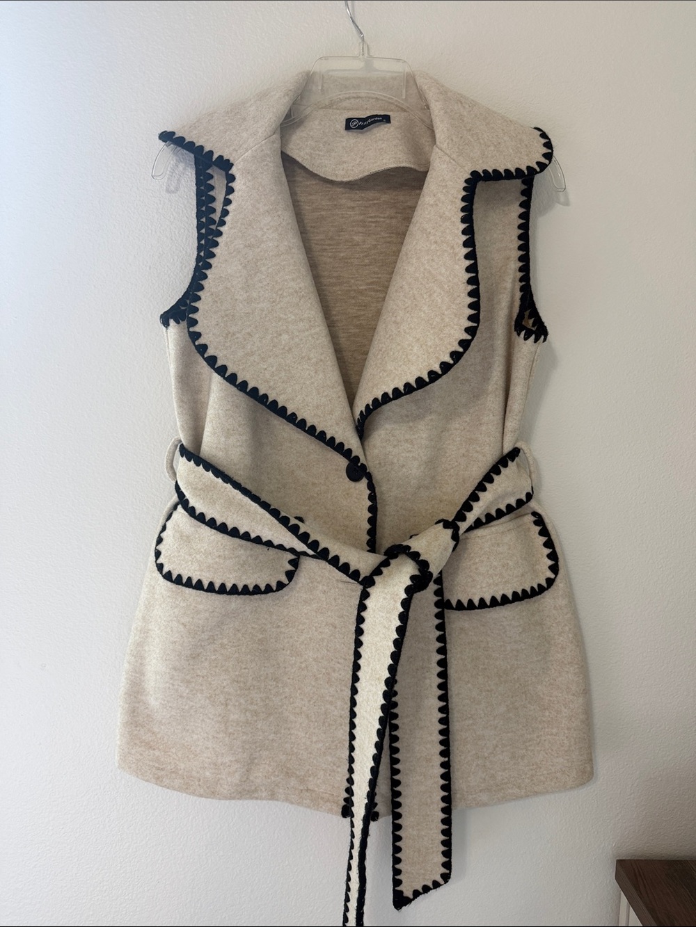 Sleeveless Beige Belted Vest with Black Trim